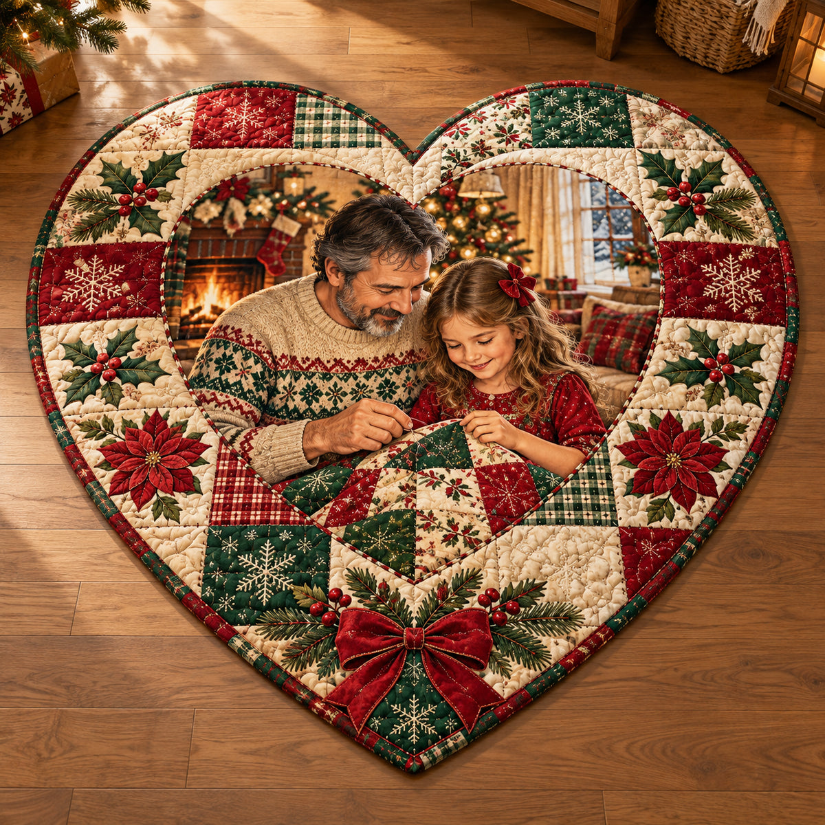 Christmas Fabric Heart Family Love Custom Shape Area Rug flat printed mat in matching Christmas setting