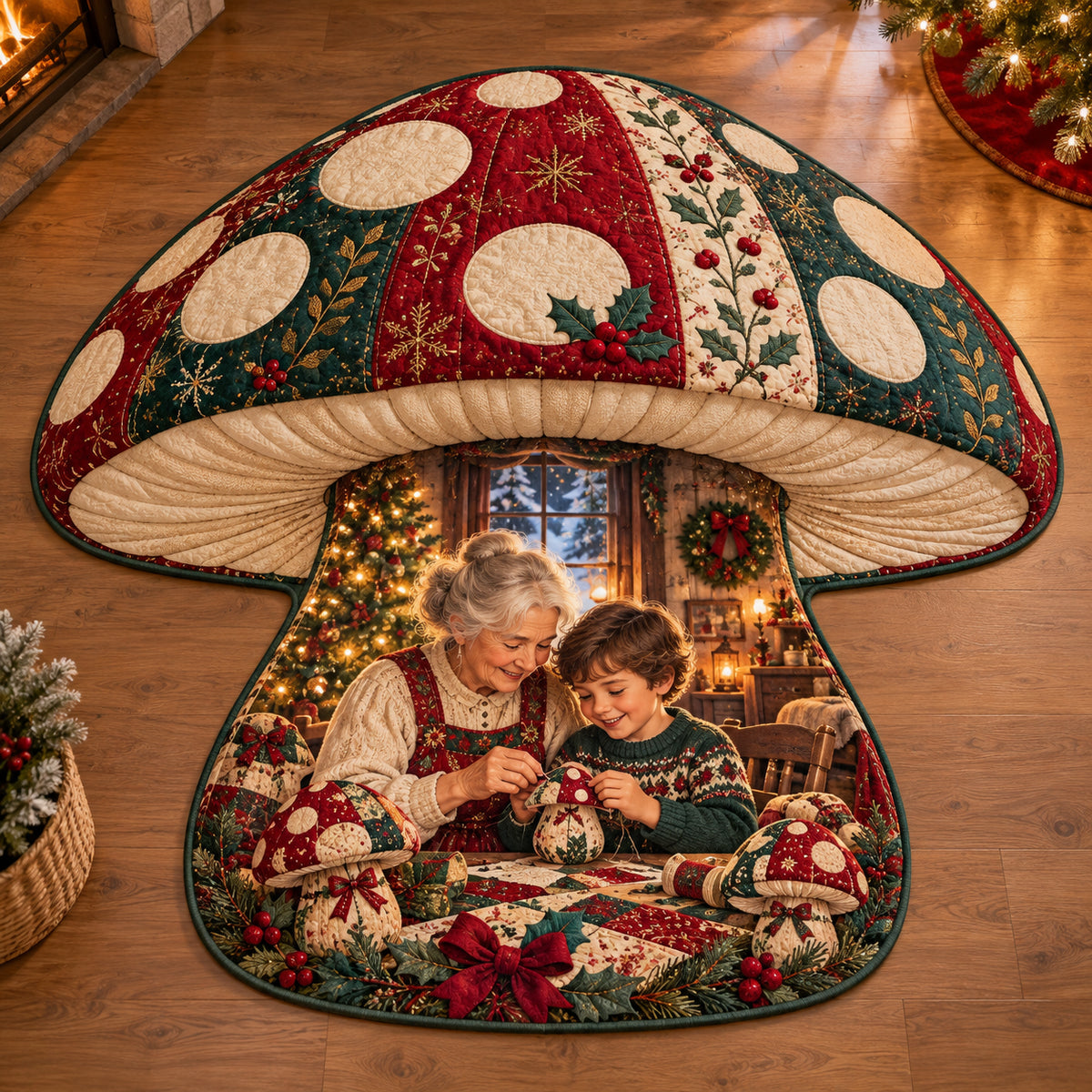 Christmas Fabric Mushroom Family Love Custom Shape Area Rug flat printed mat in matching Christmas setting