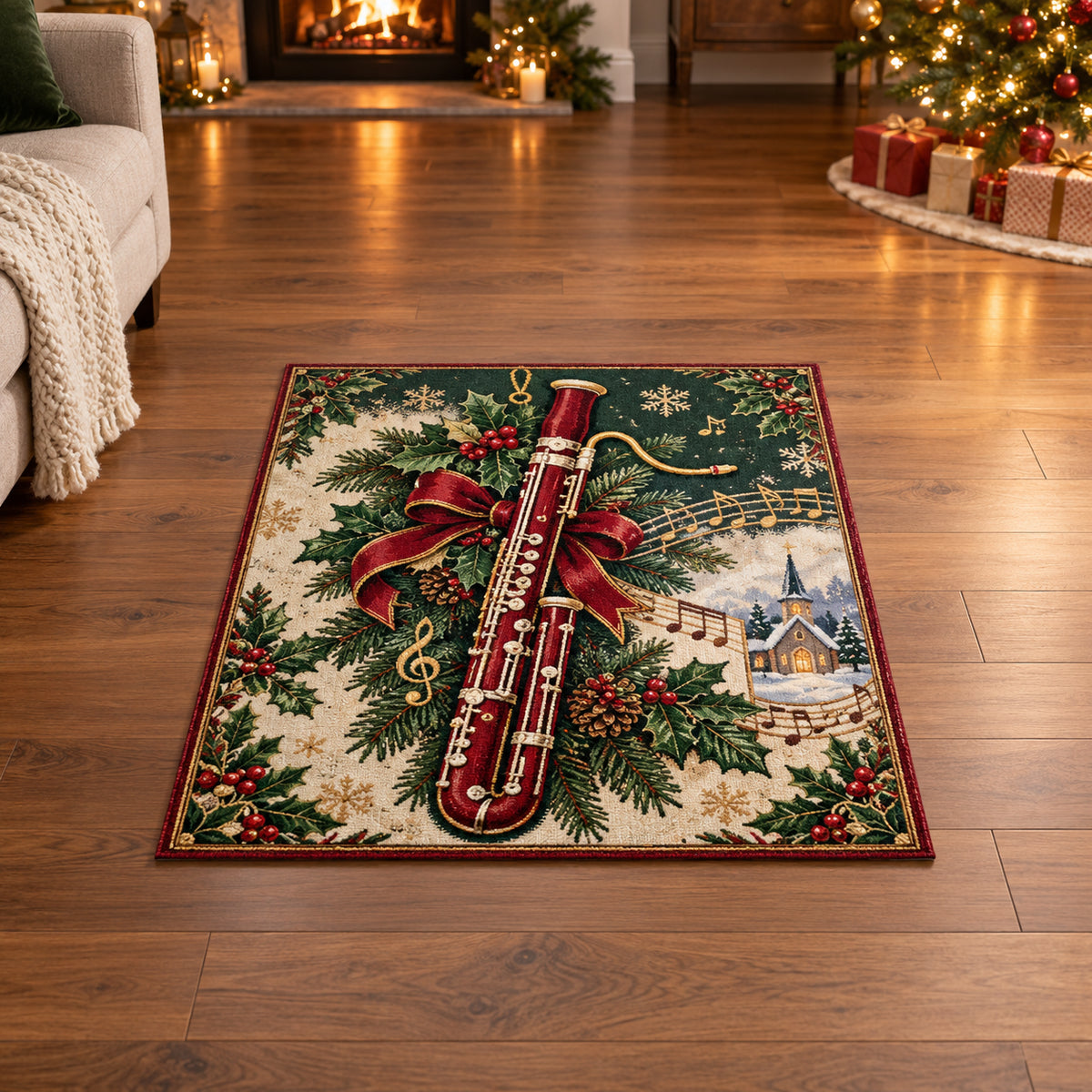 Christmas Felt Bassoon Family Melody Area Rug flat printed mat in matching Christmas setting