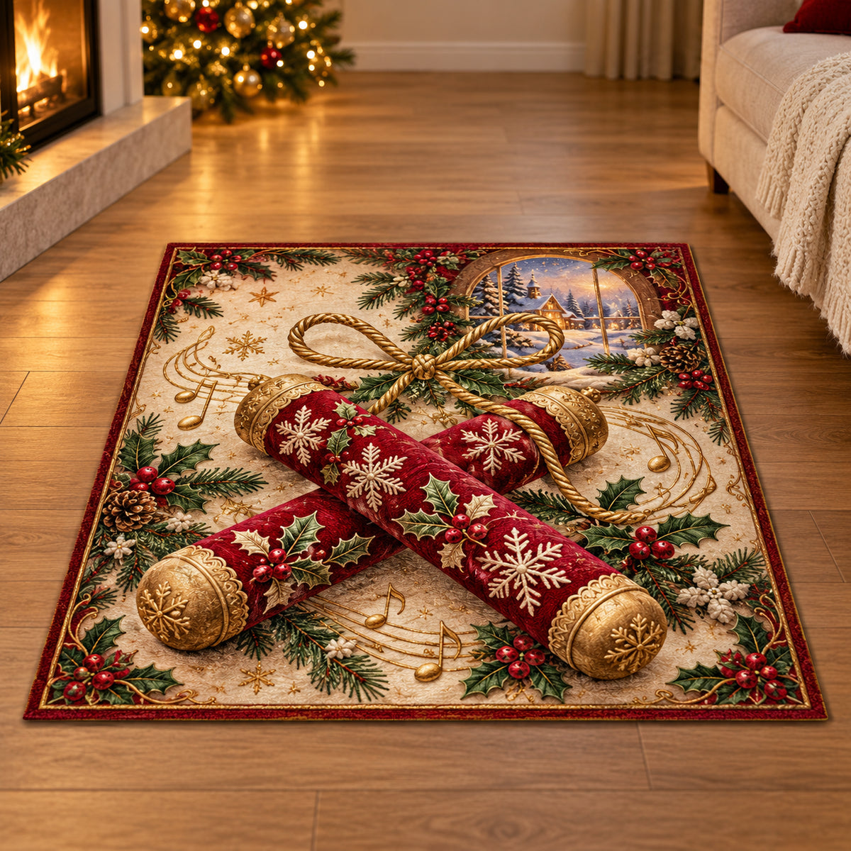 Christmas Felt Claves Family Melody Area Rug flat printed mat in matching Christmas setting
