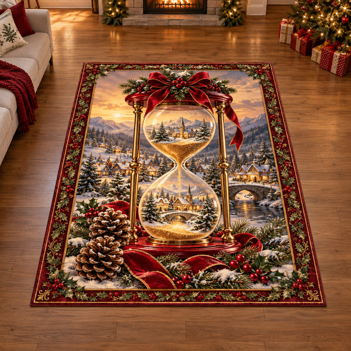 Christmas Felt Hourglass Family Moments Area Rug flat printed mat in matching Christmas setting