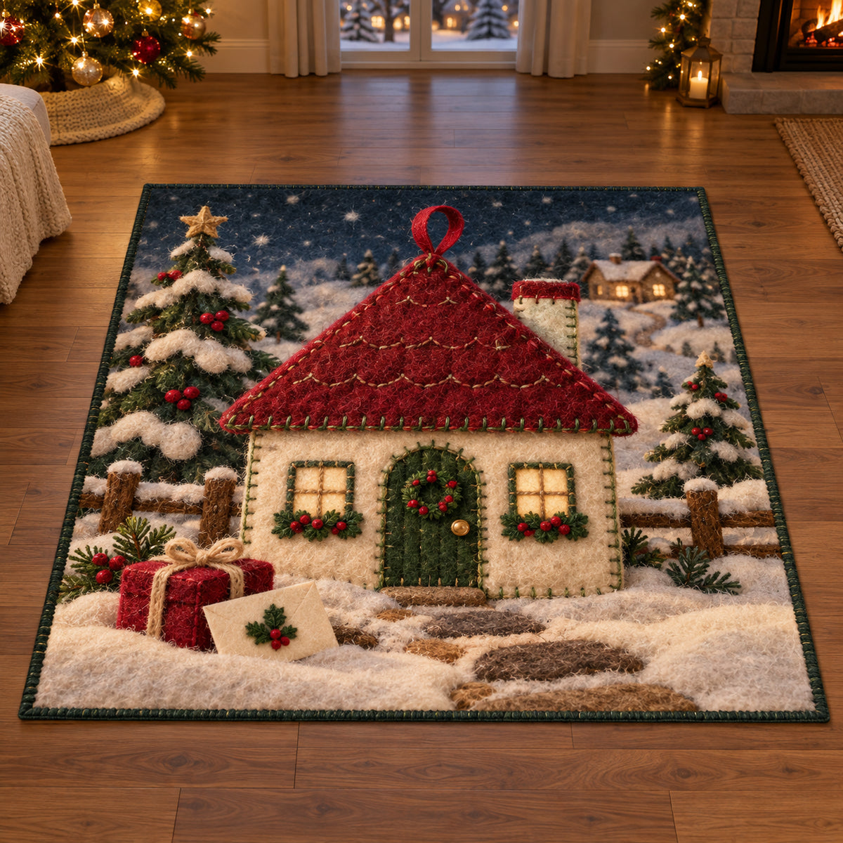 Christmas Felt House Family Home Area Rug flat printed mat in matching Christmas setting