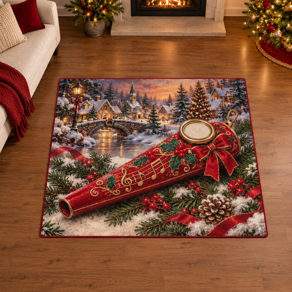 Christmas Felt Kazoo Family Melody Area Rug flat printed mat in matching Christmas setting