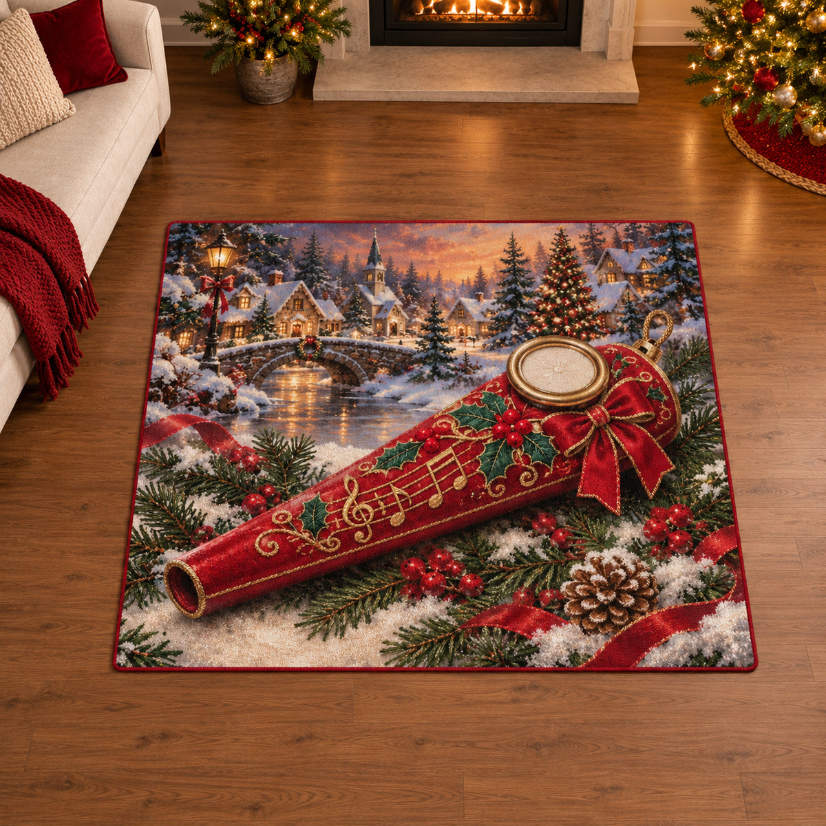 Christmas Felt Kazoo Family Melody Area Rug flat printed mat in matching Christmas setting