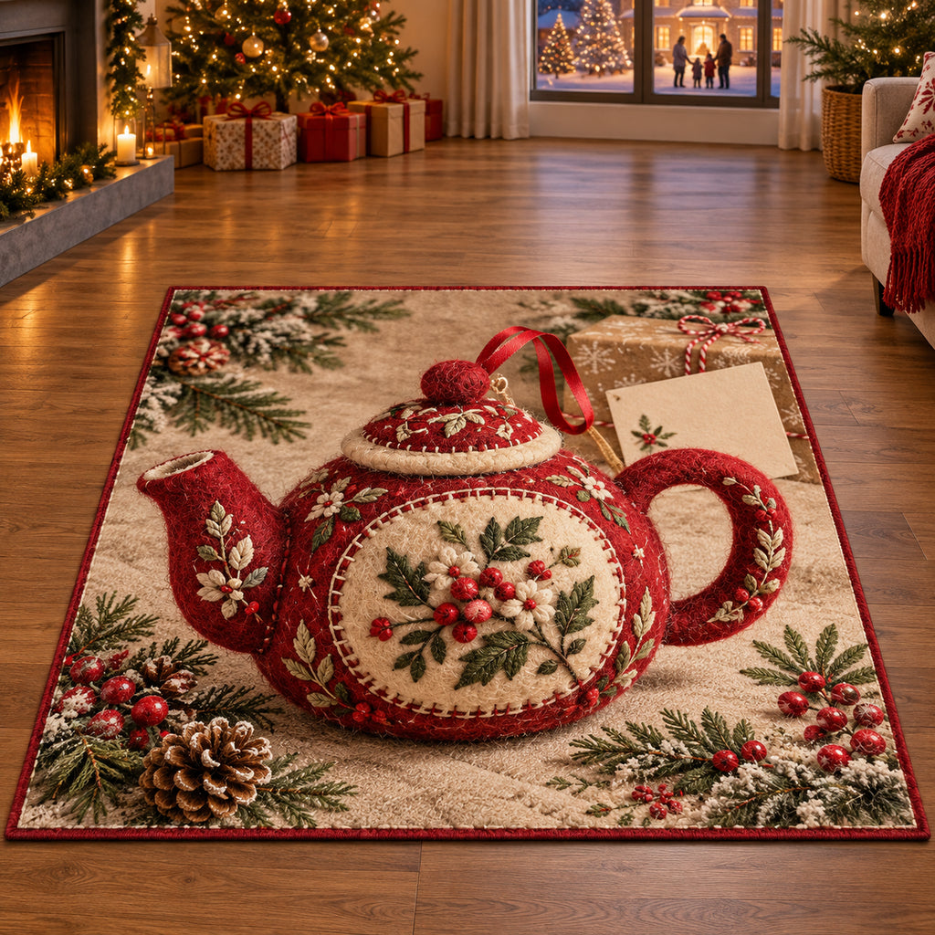 Christmas Felt Teapot Family Visit Area Rug flat printed mat in matching Christmas setting