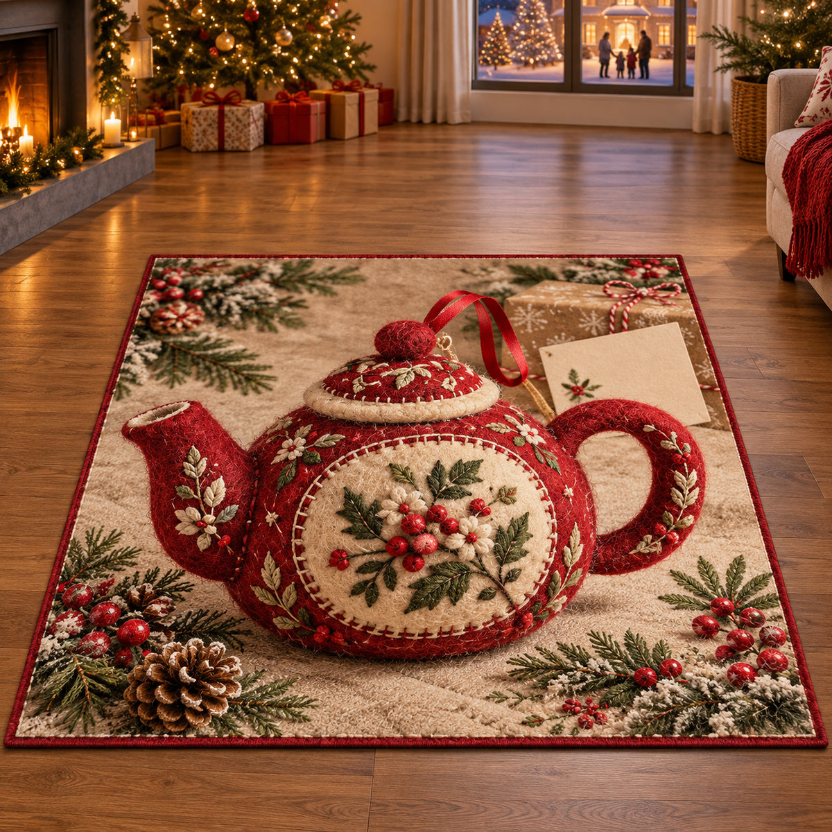 Christmas Felt Teapot Family Visit Area Rug flat printed mat in matching Christmas setting