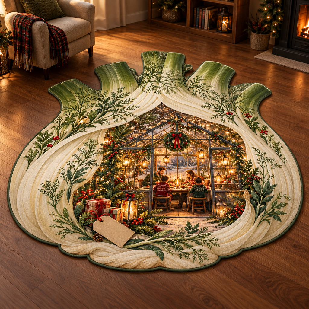 Christmas Fennel Garden Gathering Custom Shape Area Rug flat printed mat in matching Christmas setting
