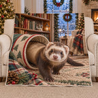 Christmas Ferret Fleece Throw Blanket with layered printed depth and niche-specific Christmas background