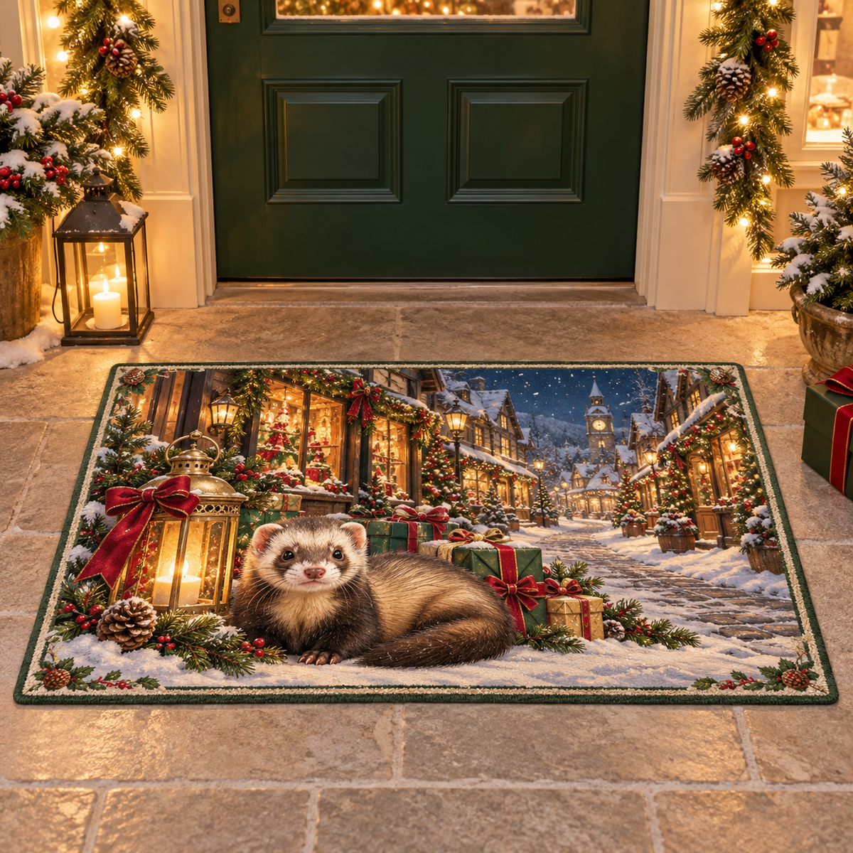 Christmas Ferret Lantern Gift Shop Doormat flat printed mat in a matching Christmas room