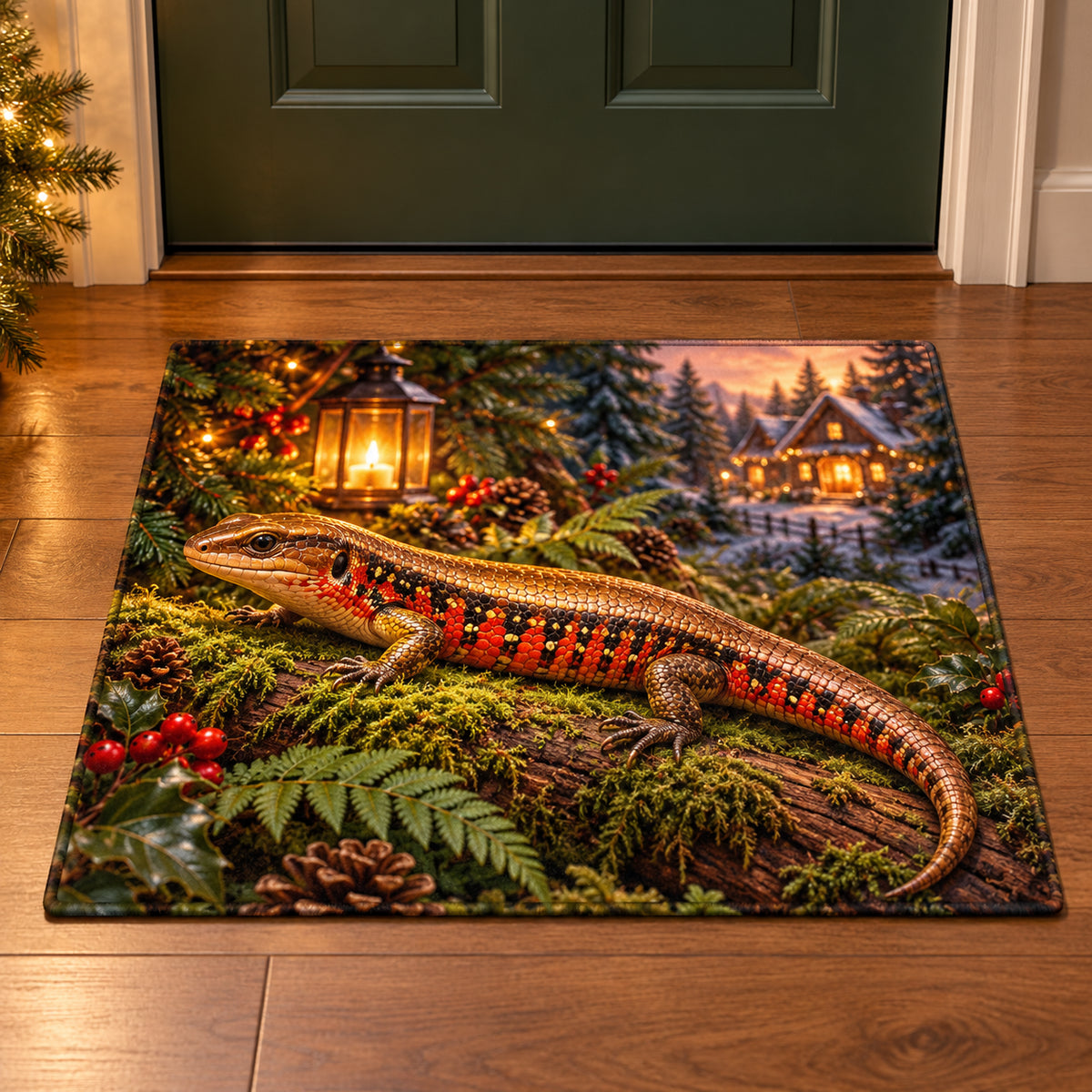 Christmas Fire Skink Lantern Refuge Doormat flat printed mat in matching Christmas setting