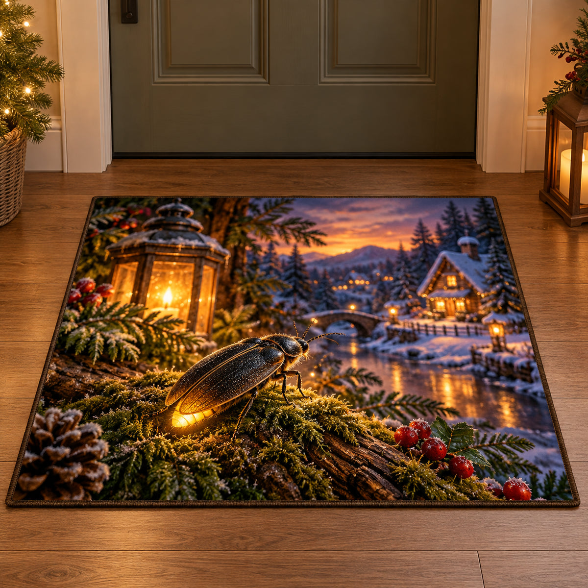 Christmas Firefly Lantern Refuge Doormat flat printed mat in matching Christmas setting