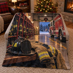 Christmas Firehouse Fleece Throw Blanket with layered printed depth and niche-specific Christmas background