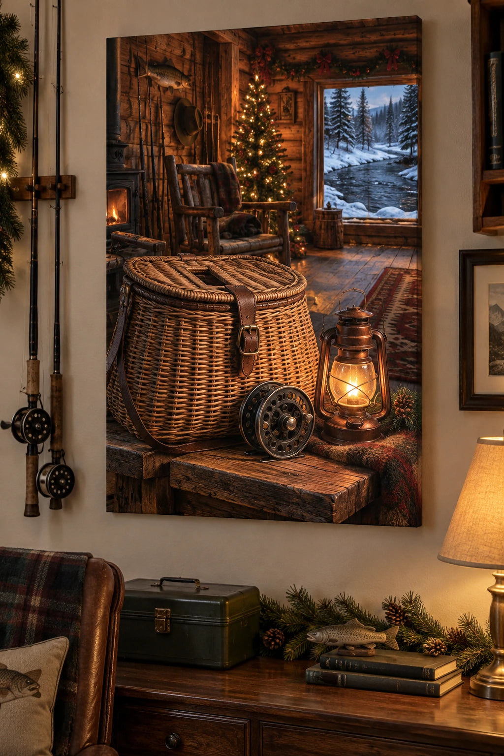 Christmas Fishing Cabin Stretched Canvas Wall Art with layered printed depth and niche-specific Christmas background