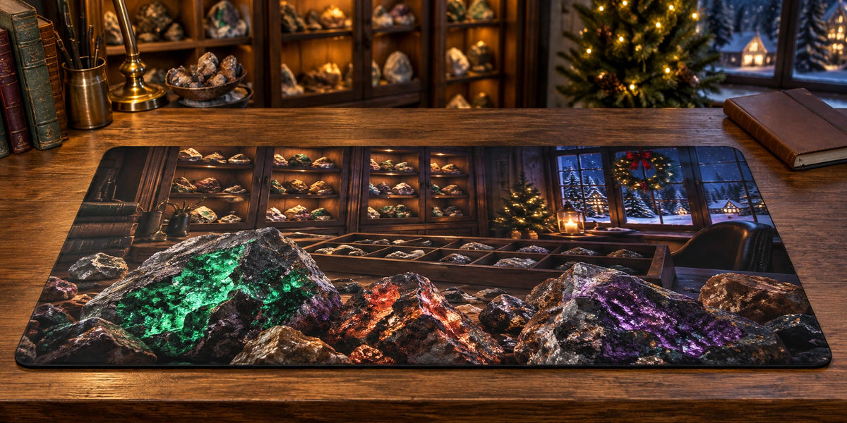 Christmas Fluorescent Mineral Desk Mat with layered printed depth and niche-specific Christmas background
