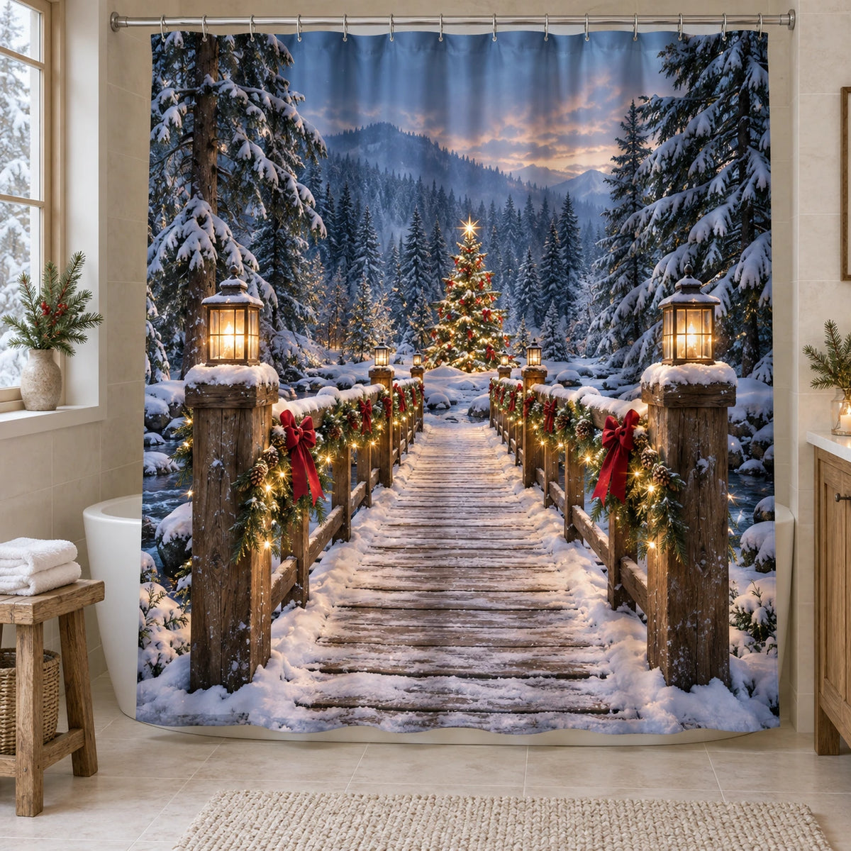 Christmas Forest Bridge Shower Curtain with layered printed depth and niche-specific Christmas background