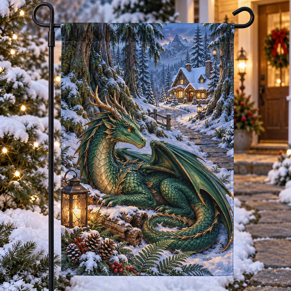 Christmas Forest Dragon Garden Flag with layered printed depth and niche-specific Christmas background
