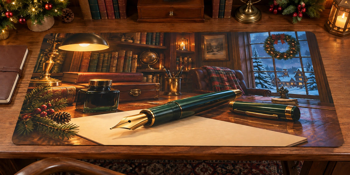 Christmas Fountain Pen Desk Mat with layered printed depth and niche-specific Christmas background