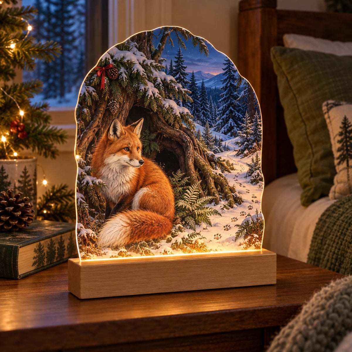 Christmas Fox Den Acrylic Night Light with layered printed depth and niche-specific Christmas background