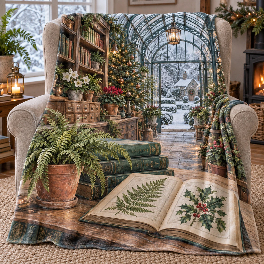Christmas Garden Library Fleece Throw Blanket with layered printed depth and niche-specific Christmas background