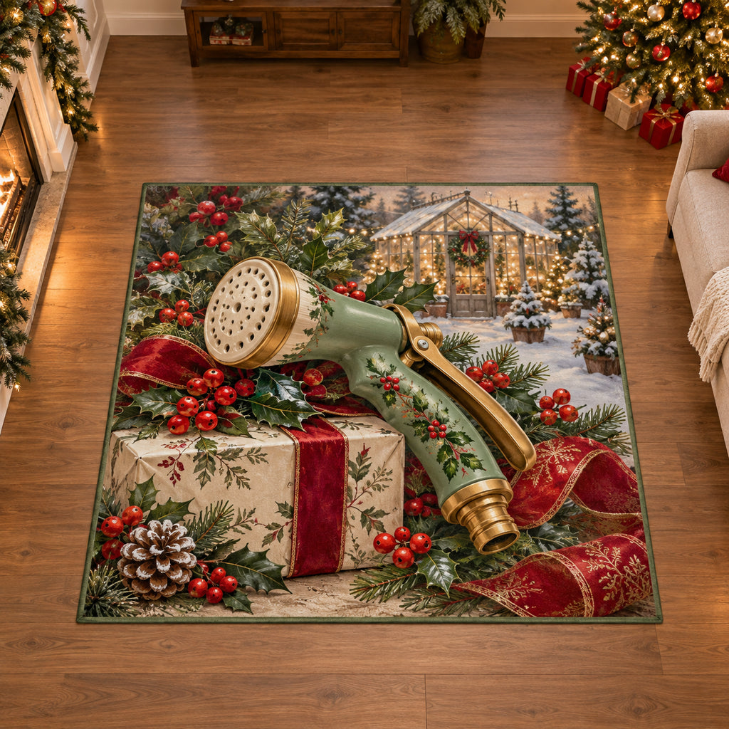 Christmas Garden Nozzle Family Wishes Area Rug flat printed mat in matching Christmas setting