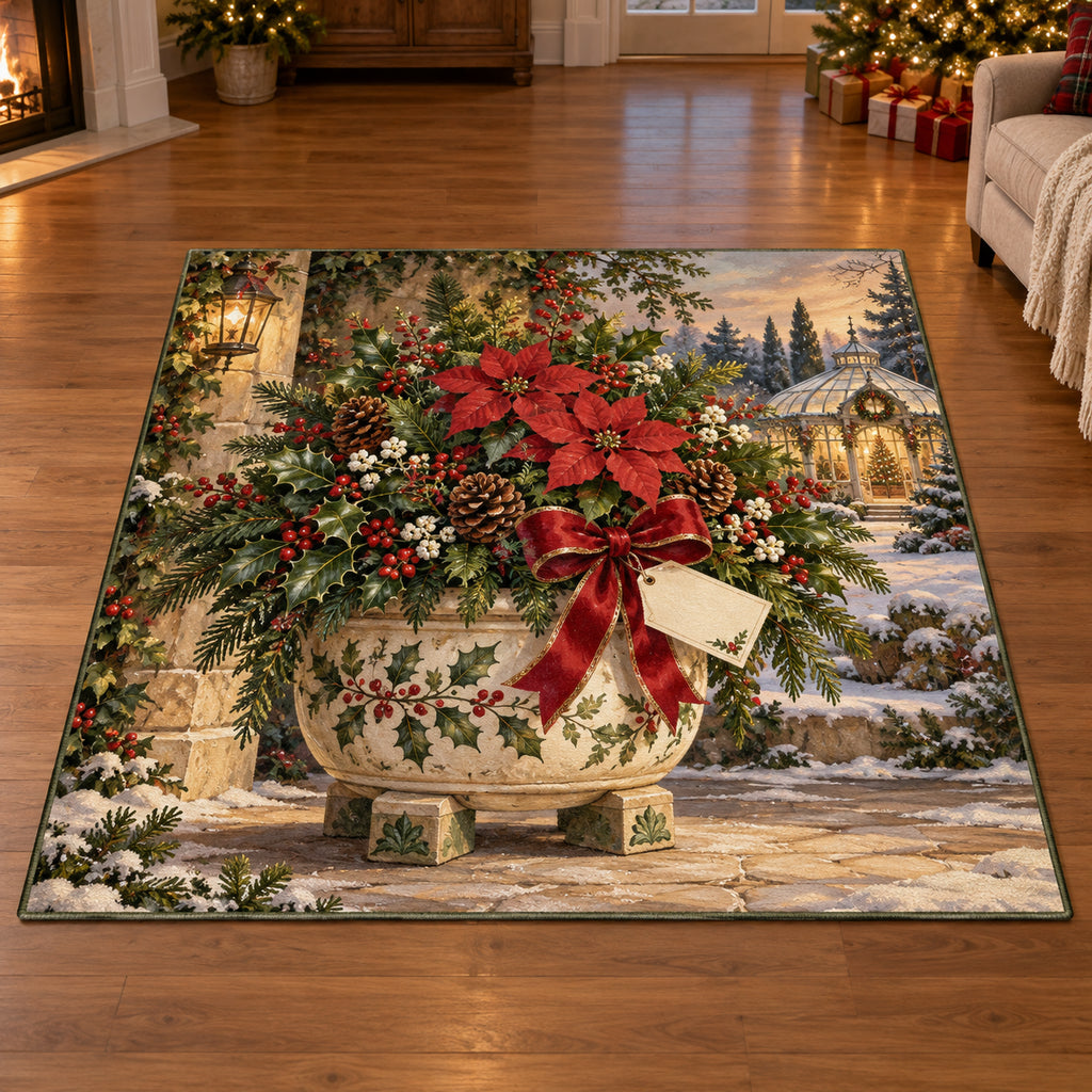 Christmas Garden Pot Feet Xmas Wishes Area Rug flat printed mat in matching Christmas setting