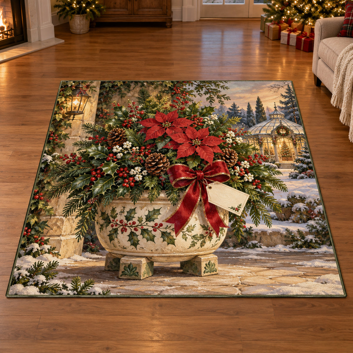 Christmas Garden Pot Feet Xmas Wishes Area Rug flat printed mat in matching Christmas setting