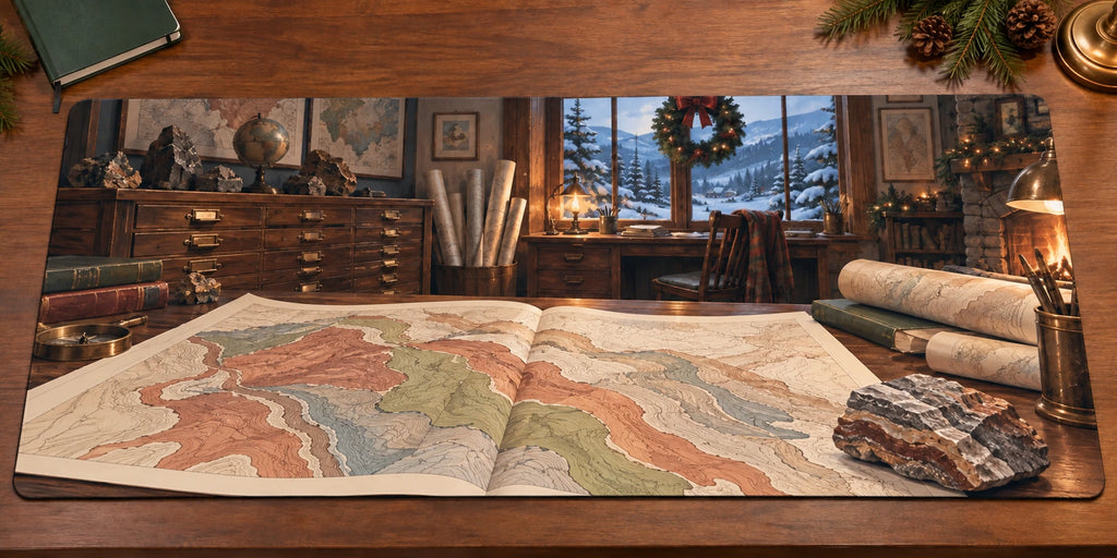 Christmas Geological Map Desk Mat with layered printed depth and niche-specific Christmas background