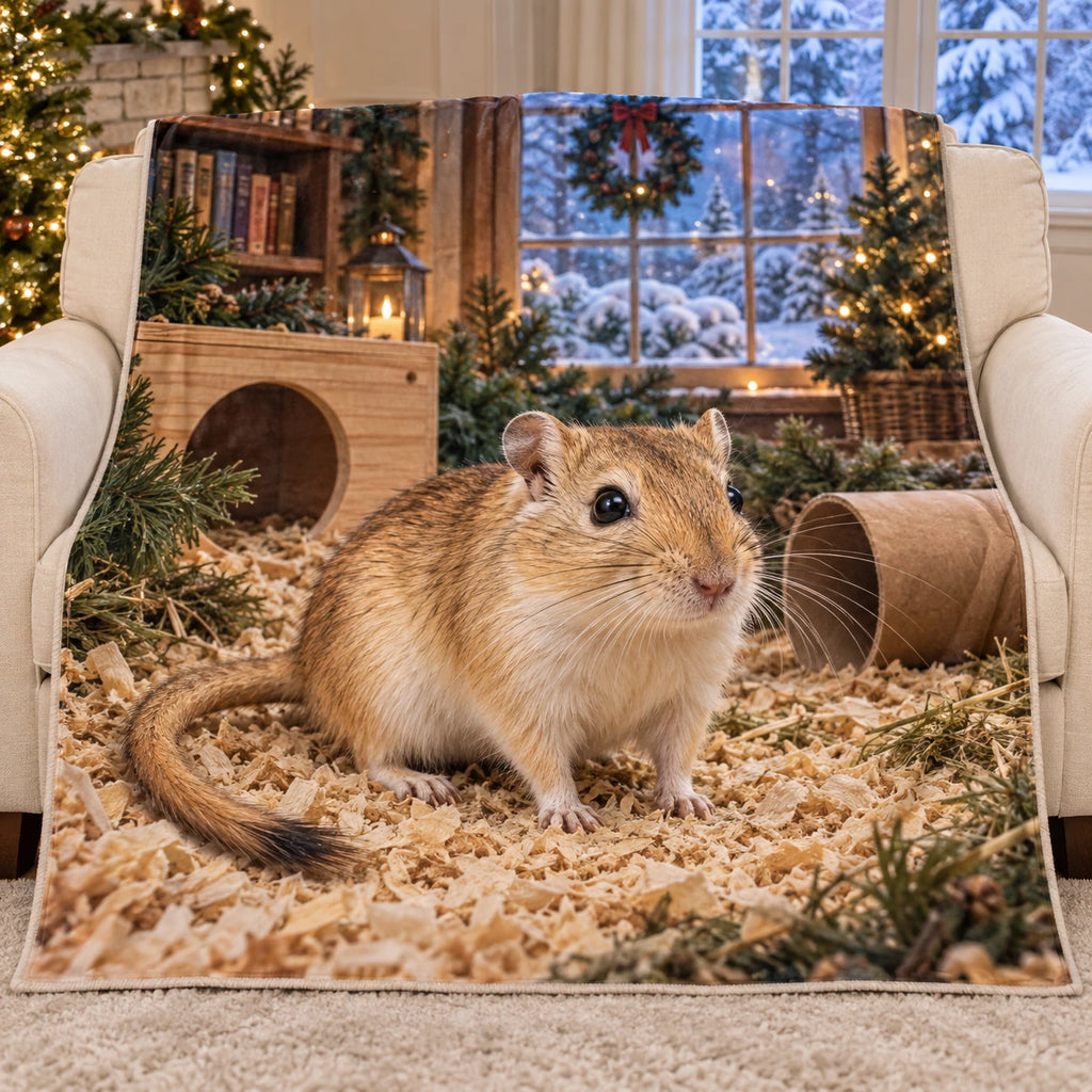 Christmas Gerbil Fleece Throw Blanket with layered printed depth and niche-specific Christmas background