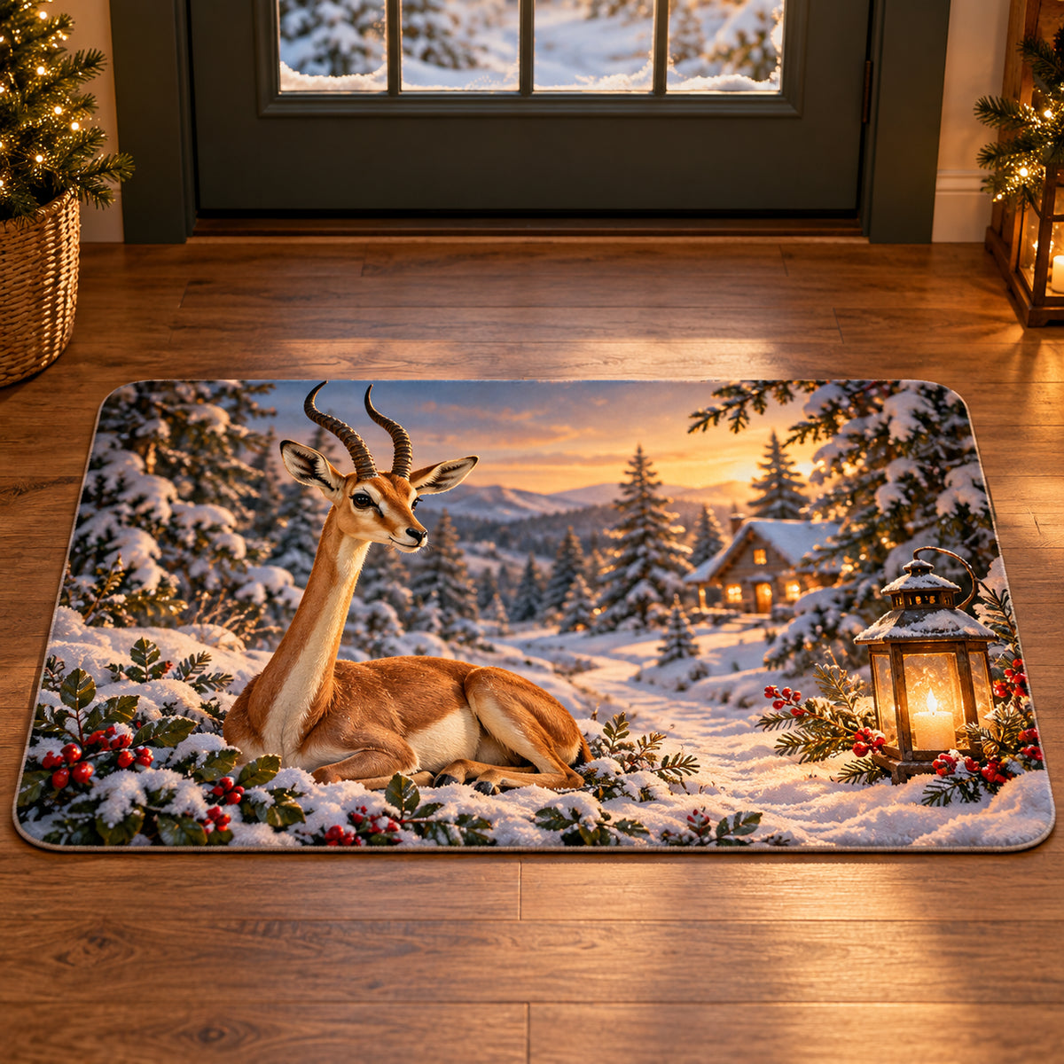 Christmas Gerenuk Winter Haven Doormat flat printed mat in matching Christmas setting