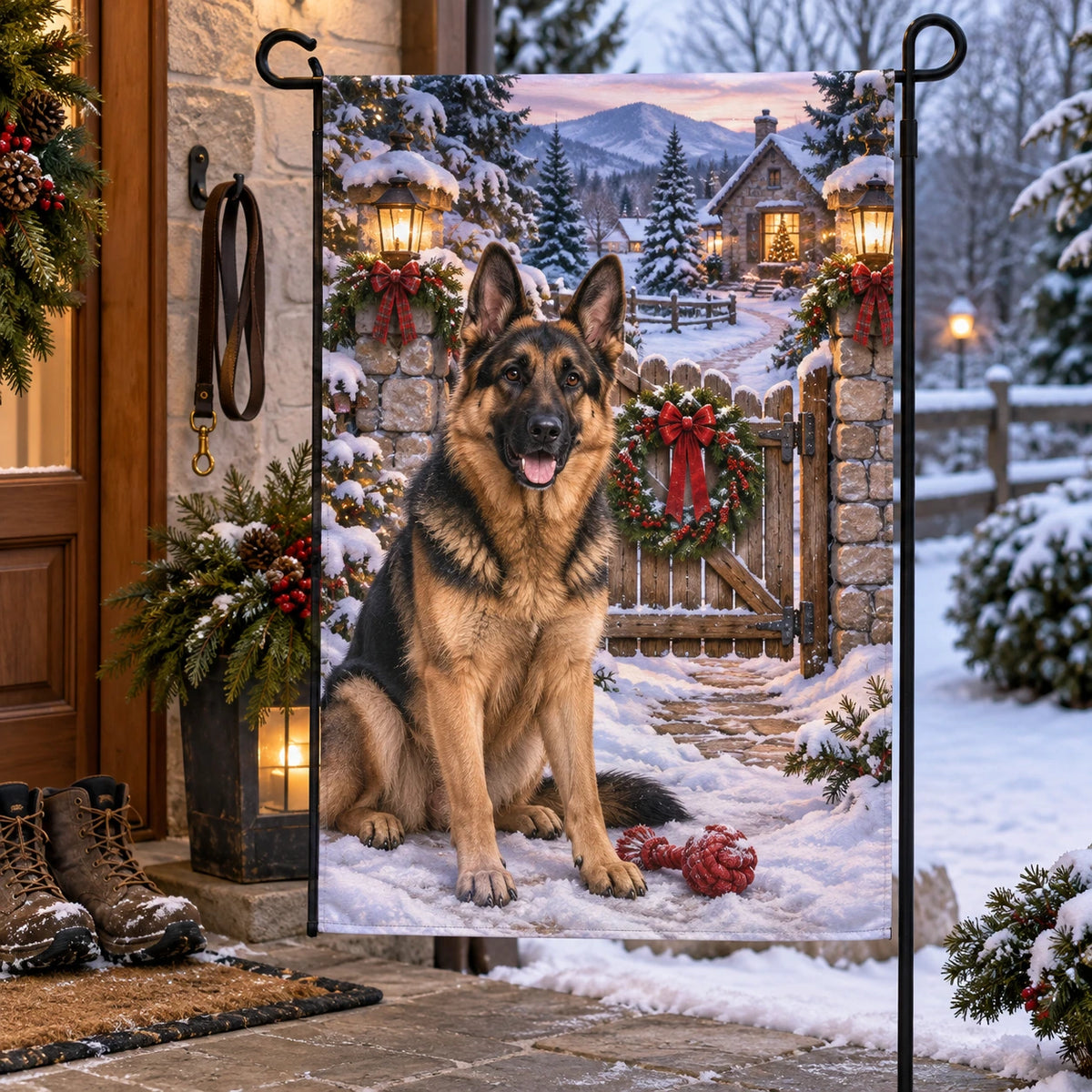 Christmas German Shepherd Gate Garden Flag with layered printed depth and niche-specific Christmas background