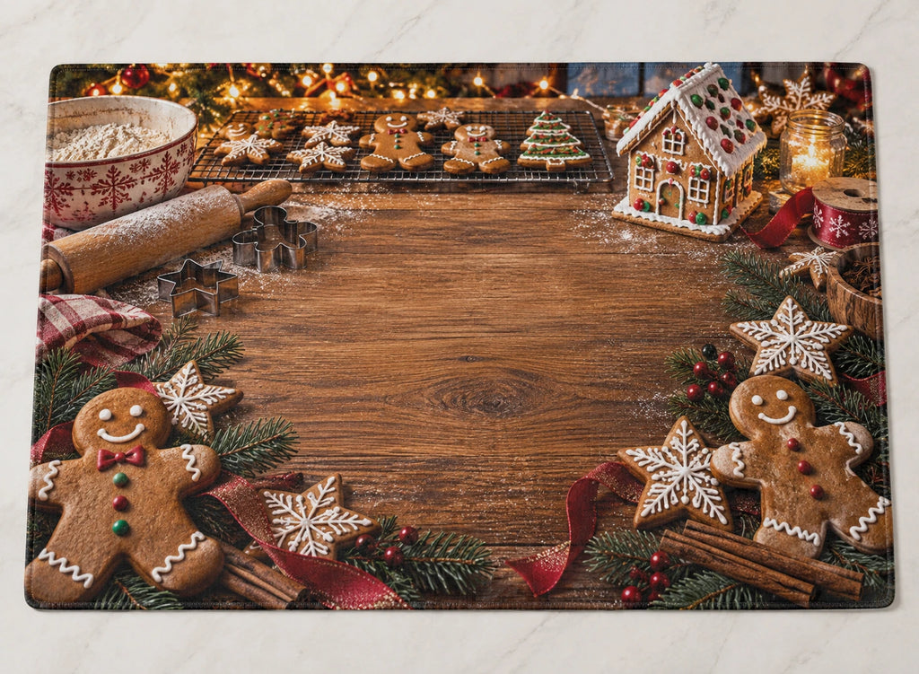 Christmas Gingerbread Cookie Placemat with layered printed depth and niche-specific Christmas background