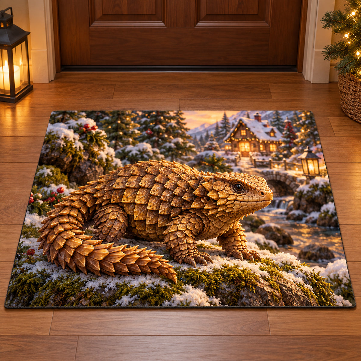 Christmas Girdled Lizard Rock Refuge Doormat flat printed mat in matching Christmas setting