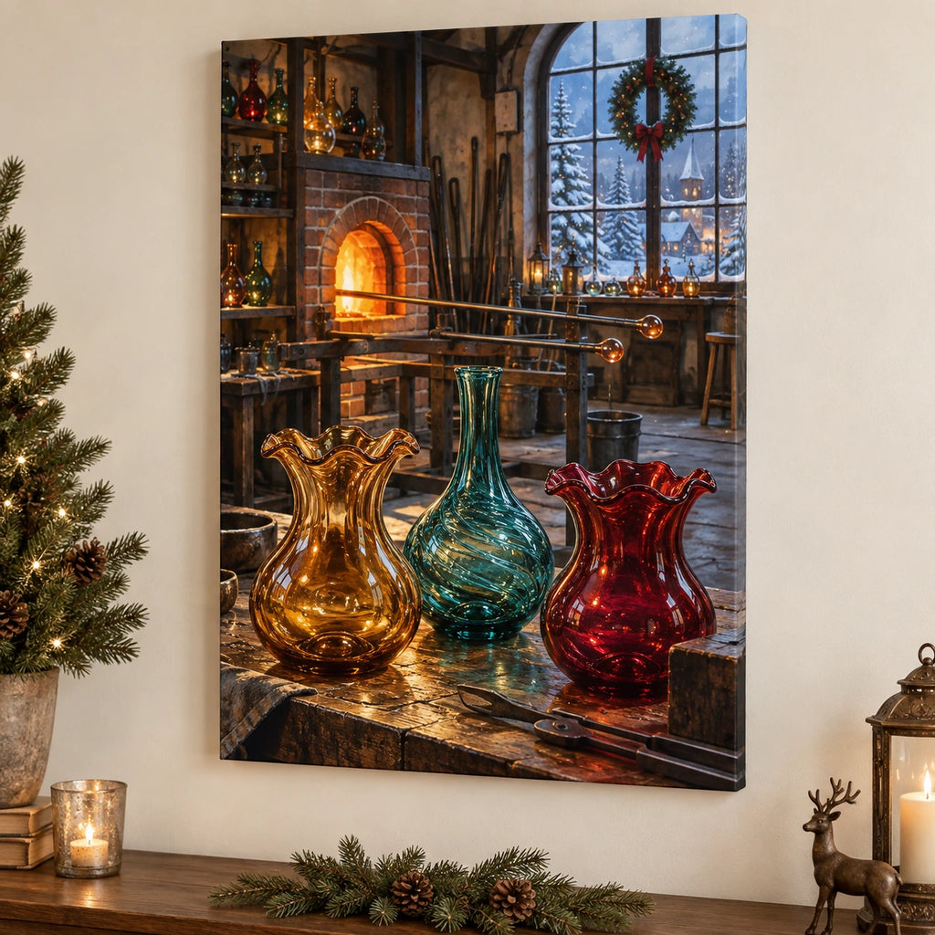 Christmas Glassblower Stretched Canvas Wall Art with layered printed depth and niche-specific Christmas background