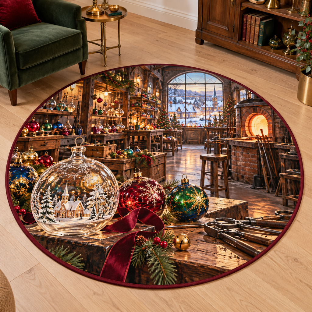 Glassblower Workshop Christmas artwork and layered woodland scenery printed on a flat round mat rug; festive details and apparent relief are printed.