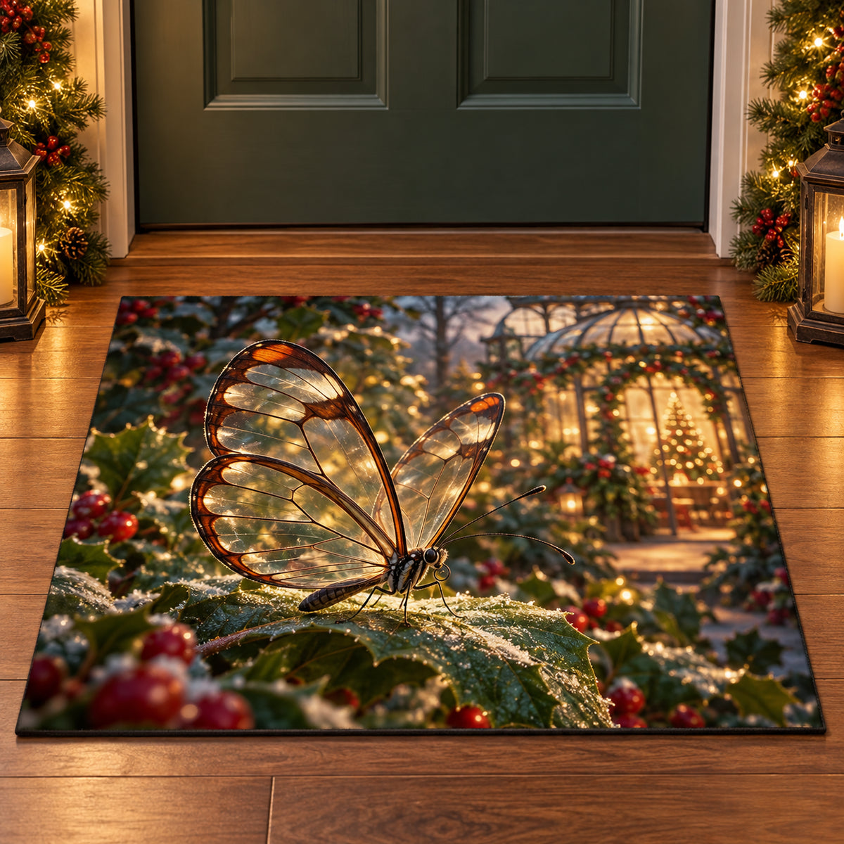 Christmas Glasswing Leaf Lantern Doormat flat printed mat in matching Christmas setting