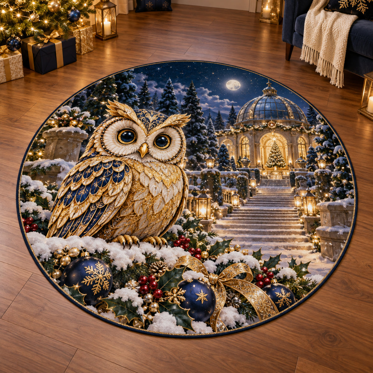 Christmas Golden Owl Christmas Observatory Round Mat Rug flat printed mat in matching Christmas setting