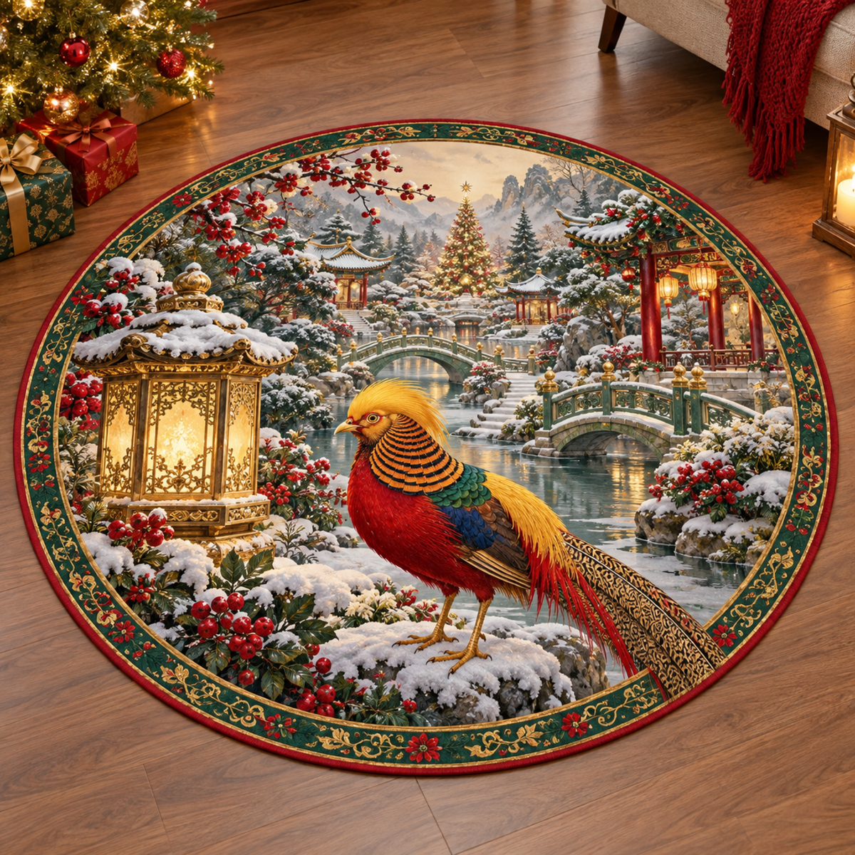 Christmas Golden Pheasant Jade Garden Round Mat Rug flat printed mat in matching Christmas setting