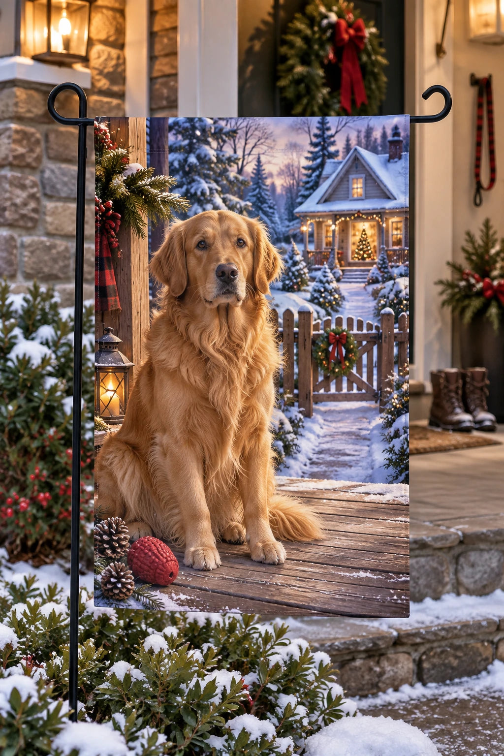 Christmas Golden Retriever Garden Flag with layered printed depth and niche-specific Christmas background
