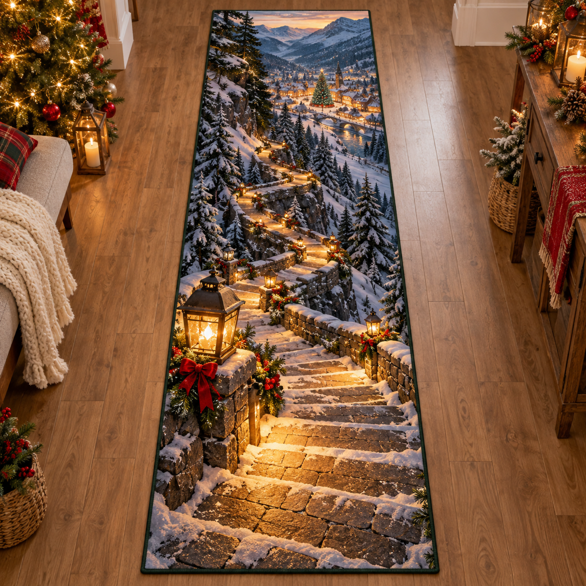 Christmas Golden Switchback Lantern Path Runner Rug flat printed mat in matching Christmas setting