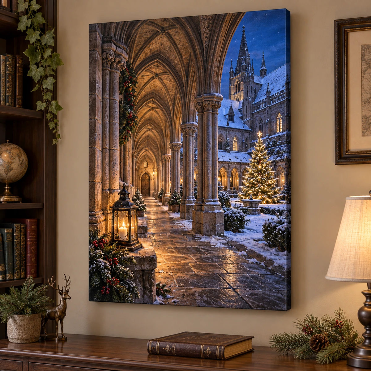 Christmas Gothic Stretched Canvas Wall Art with layered printed depth and niche-specific Christmas background
