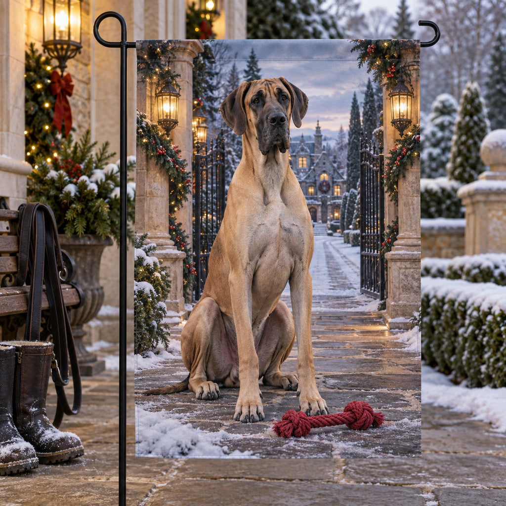 Christmas Great Dane Manor Garden Flag with layered printed depth and niche-specific Christmas background