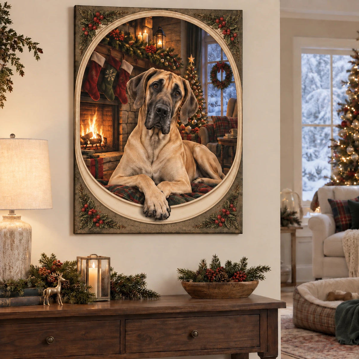 Christmas Great Dane Stretched Canvas Wall Art with layered printed depth and niche-specific Christmas background