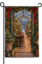Christmas Greenhouse Garden Flag with an illustrated foreground doorway and deep niche-specific Christmas interior