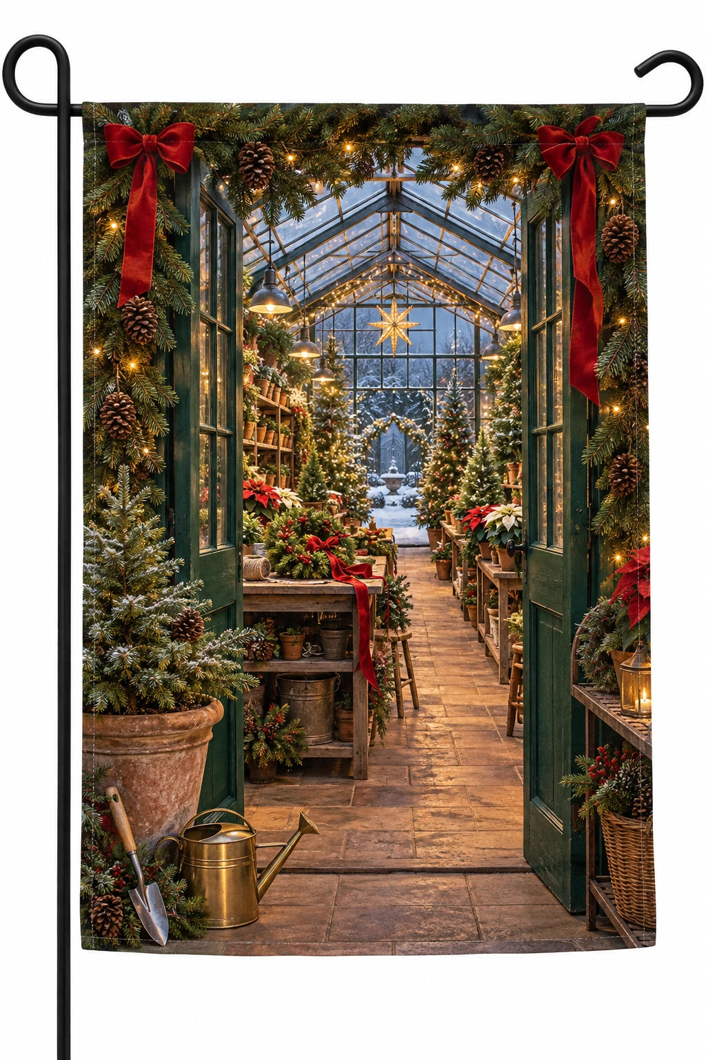 Christmas Greenhouse Garden Flag with an illustrated foreground doorway and deep niche-specific Christmas interior