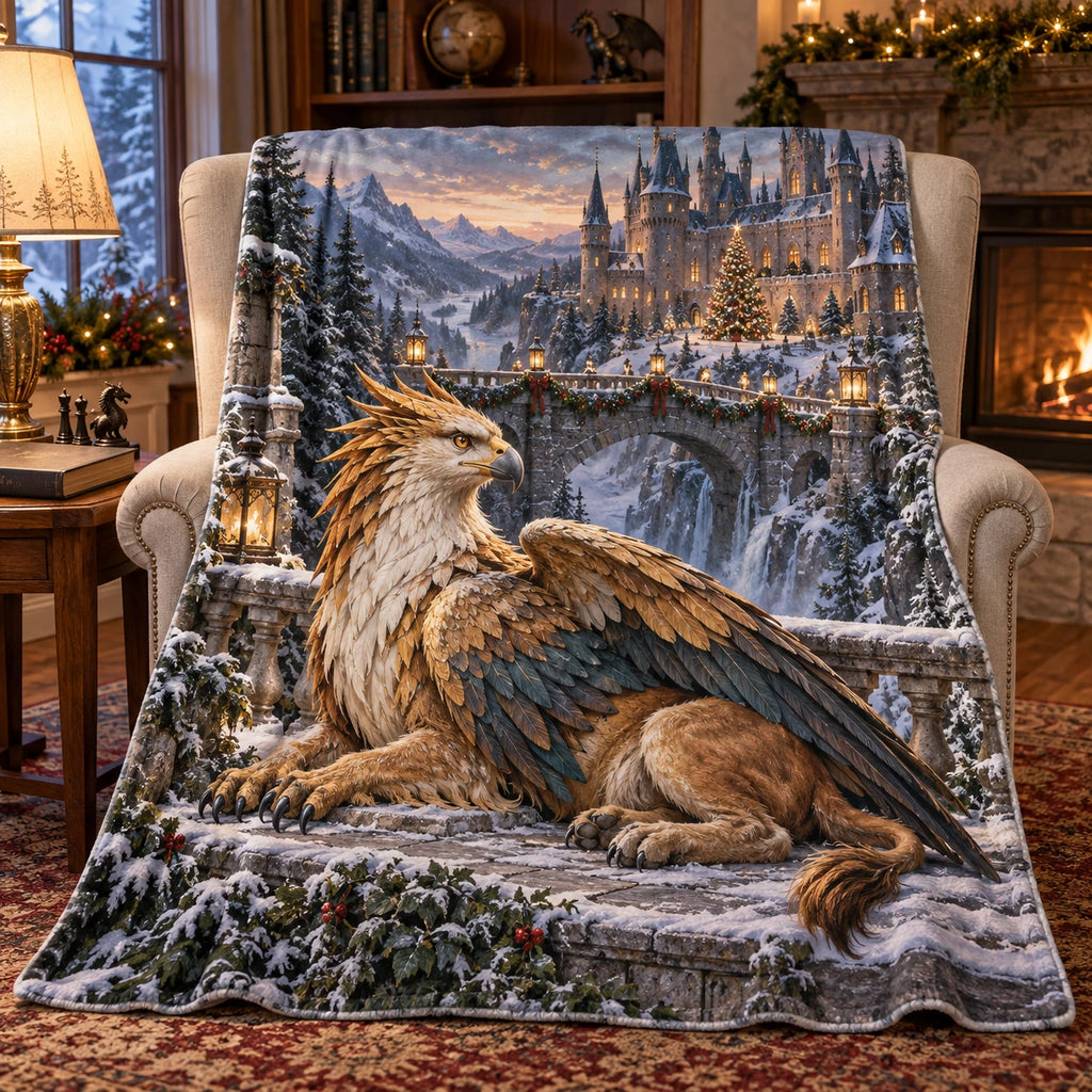 Christmas Griffin Castle Fleece Throw Blanket with layered printed depth and niche-specific Christmas background