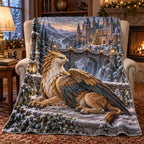 Christmas Griffin Castle Fleece Throw Blanket with layered printed depth and niche-specific Christmas background