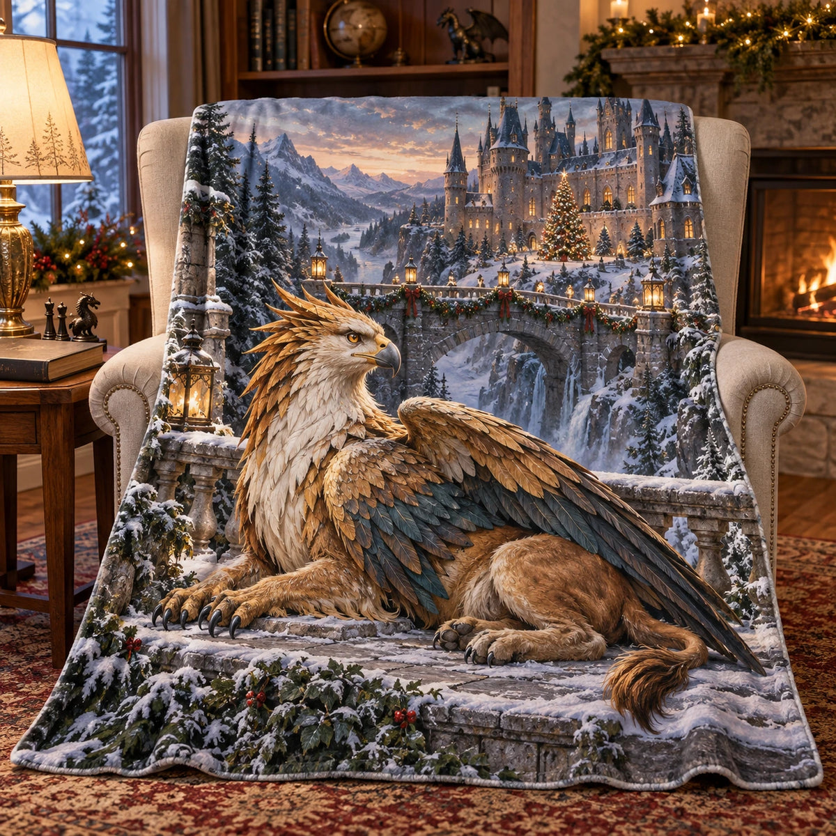 Christmas Griffin Castle Fleece Throw Blanket with layered printed depth and niche-specific Christmas background