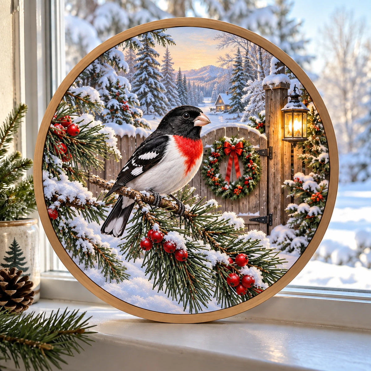 Christmas Grosbeak Wood and Acrylic Suncatcher with layered printed depth and niche-specific Christmas background