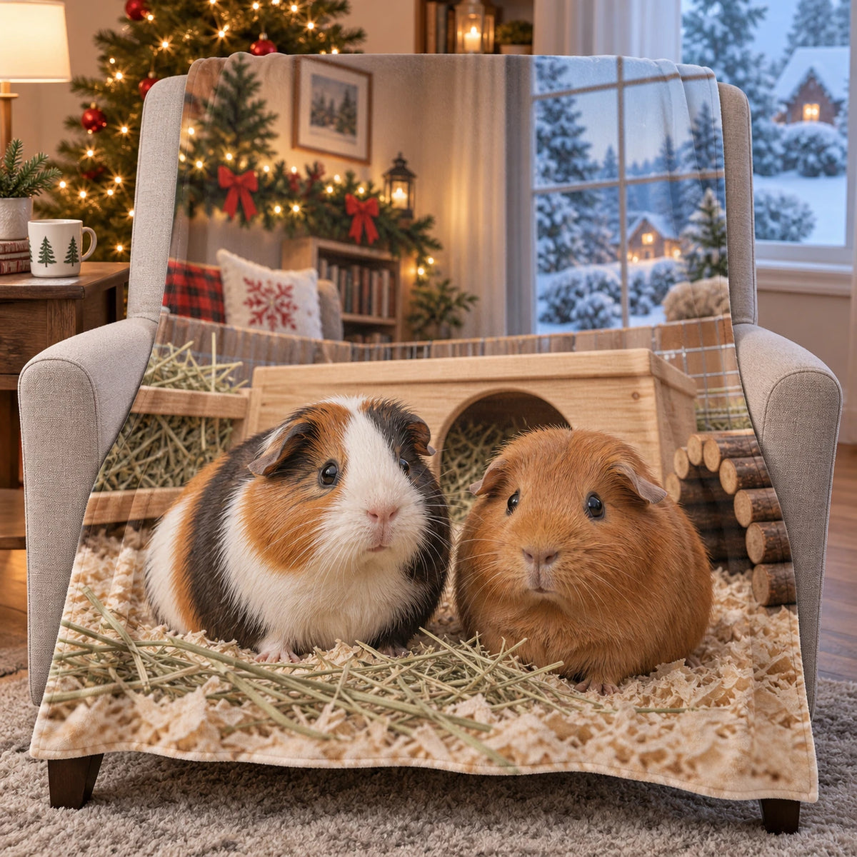 Christmas Guinea Pig Fleece Throw Blanket with layered printed depth and niche-specific Christmas background