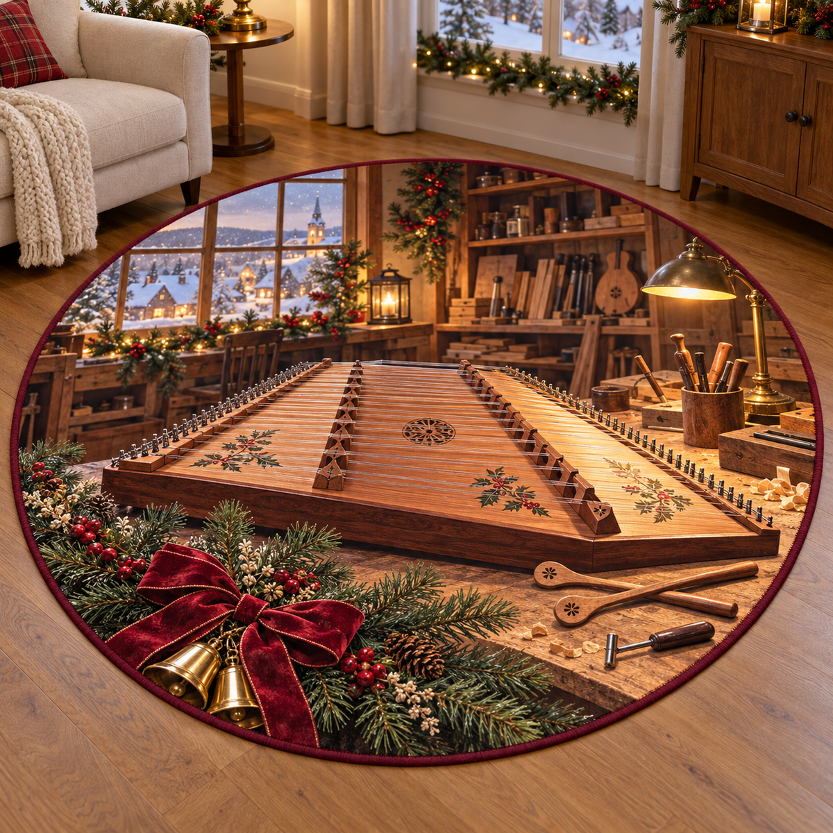 Hammered Dulcimer Workshop Christmas artwork and layered scenic details printed on a flat round mat rug; festive details and apparent relief are printed.